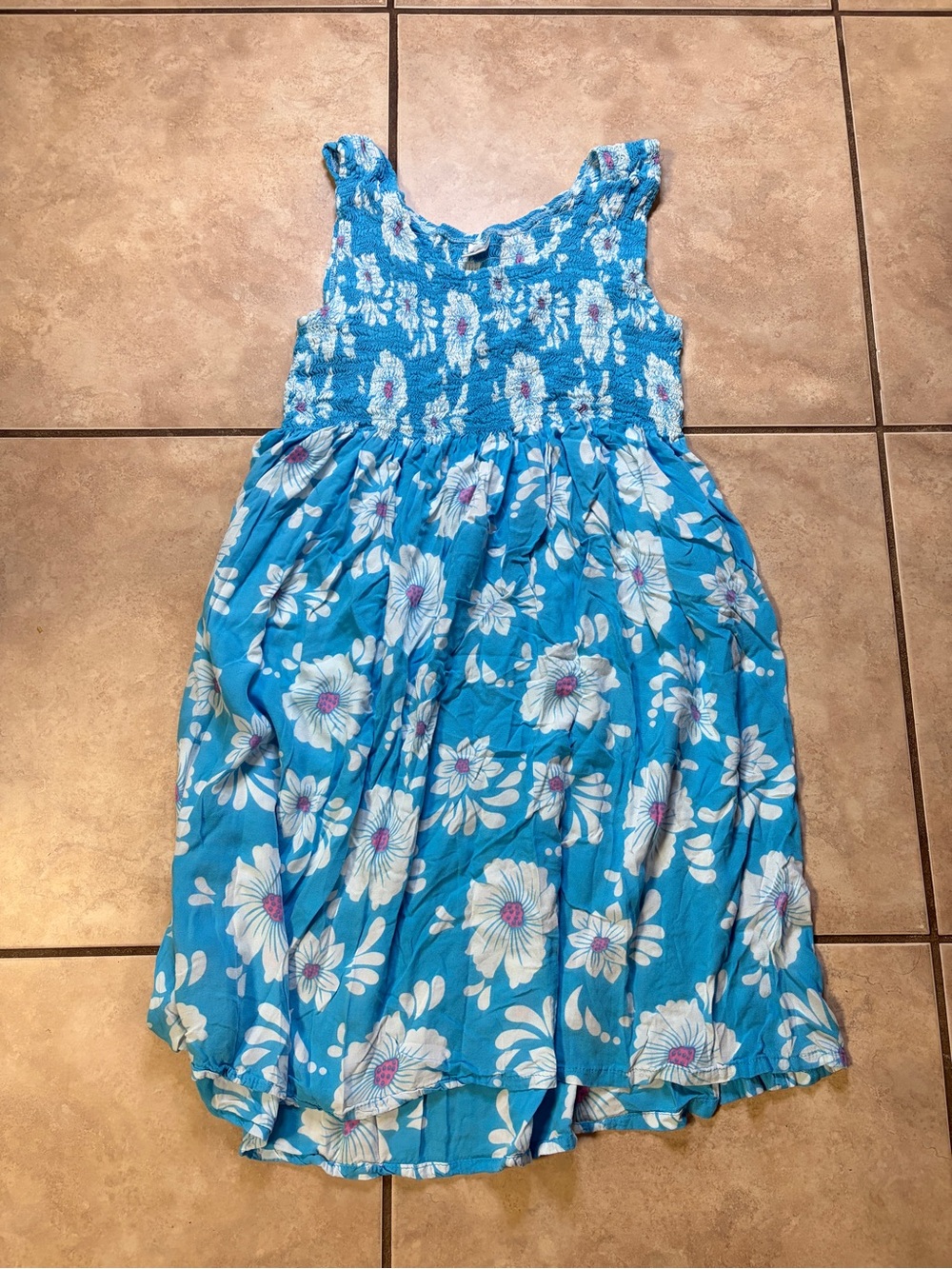Sleeveless Blue Floral Smocked Casual Dress